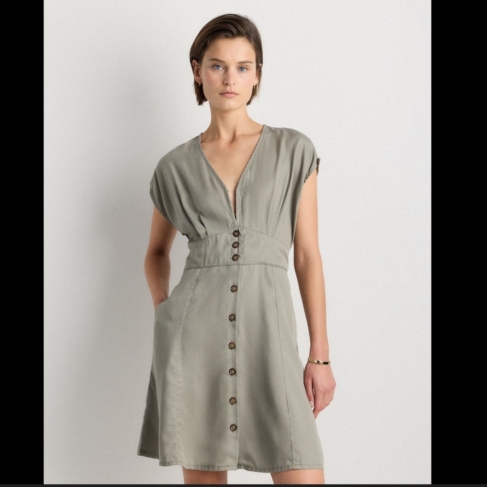 Quince Vintage Wash Tencel Button Down Mini Dress Olive Green Pockets Size XS M